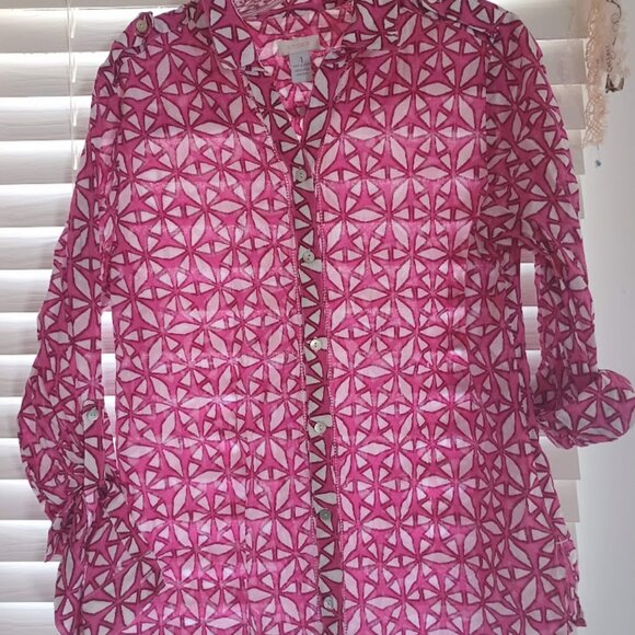 Chico’s Sz 1 (M) Pink White Geometric Print Button Cotton Blouse Shirt Roll Tab - Picture 5 of 9